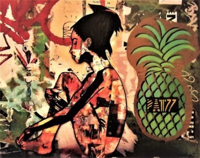 Tableau sur métal de l'artiste Pep's représentant un ananas et une femme
