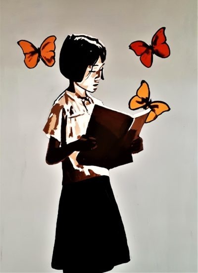 Fille aux papillons, un tableau by Pep's artiste peintre